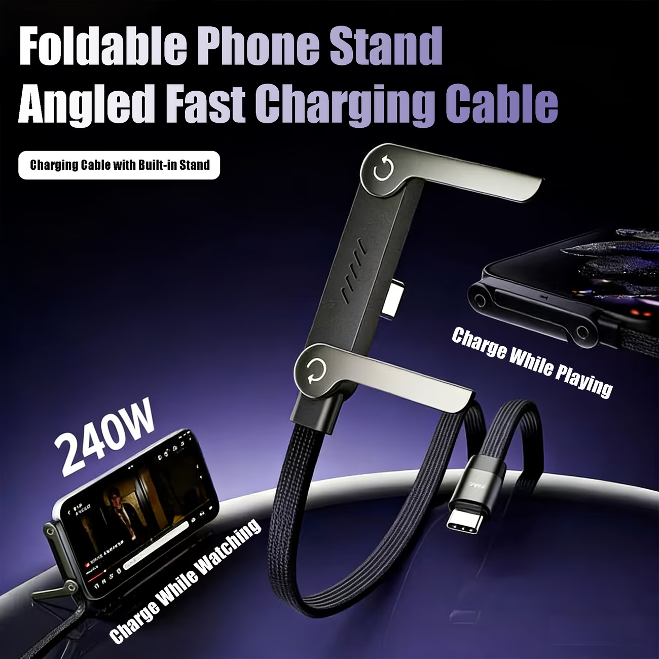 PowerStand™ – Καλώδιο Ταχείας Φόρτισης 240W με Ενσωματωμένη Βάση Κινητού (1,5 m) | 🔥 Προσφορά 1+1