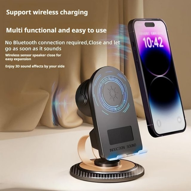 NOVIA™ - Πολυλειτουργική Βάση Κινητού με Bluetooth 5.3, Ασύρματη Φόρτιση και Ενσωματωμένο Ηχείο