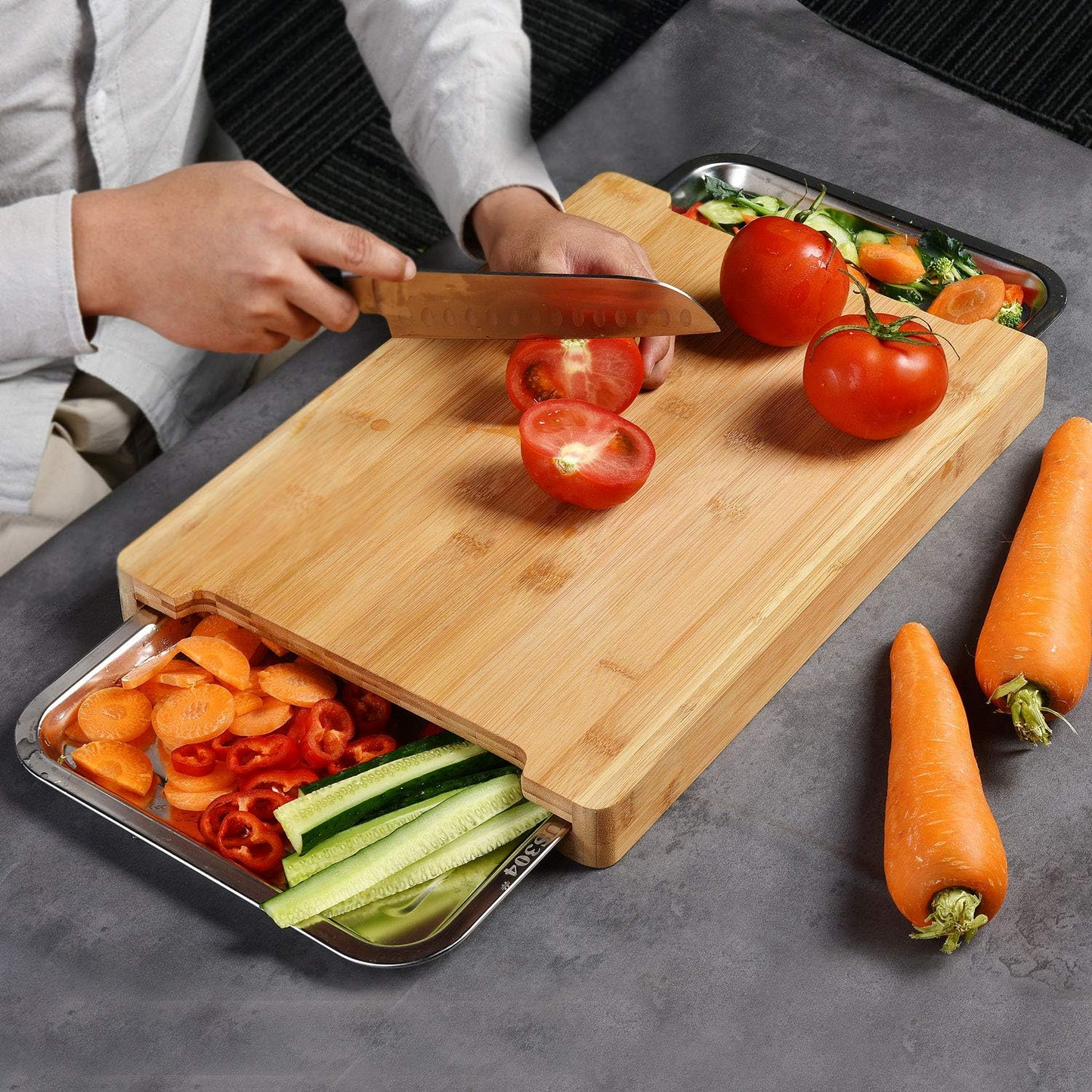 PrepBoard Duo™ – Κόφτης μπαμπού με πλαϊνούς δίσκους για συλλογή