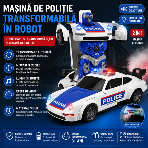 PoliceBot™ – Μεταμορφώσιμο Αστυνομικό Αυτοκίνητο με Φώτα, Ήχους και Εφέ Καπνού