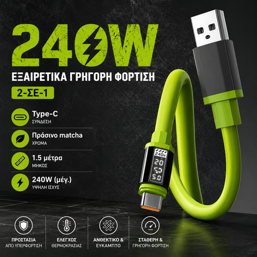 🔥1+1 ΠΡΟΣΦΟΡΑ!🔥UltraWatt™ – Καλώδιο γρήγορης φόρτισης 240W Type-C, ψηφιακή οθόνη, 2m