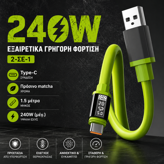🔥1+1 ΠΡΟΣΦΟΡΑ!🔥UltraWatt™ – Καλώδιο γρήγορης φόρτισης 240W Type-C, ψηφιακή οθόνη, 2m