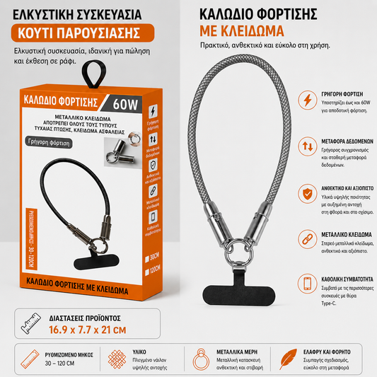 🔥 Προσφορά 1+1🔥ChargeLoop™ – Καλώδιο Φόρτισης 60W με Κλιπ Συγκράτησης