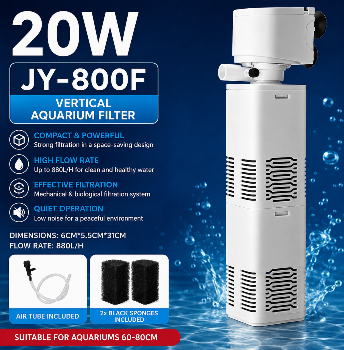HydroPure JY-800F™ - Εσωτερικό Φίλτρο Ενυδρείου 20W, 880 L/h, για ενυδρεία 60–80 cm