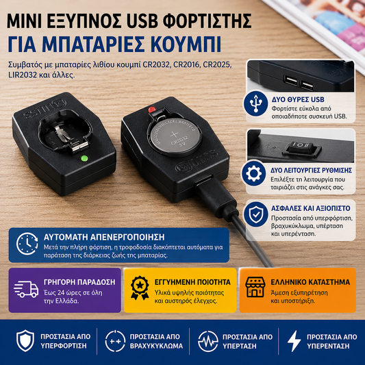 🔥1+1 ΠΡΟΣΦΟΡΑ!🔥CoinCharge™ – Έξυπνος φορτιστής USB για μπαταρίες κουμπιού LIR