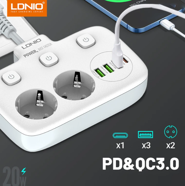 Πολύπριζο με 2 πρίζες AC, 3x USB, USB-C