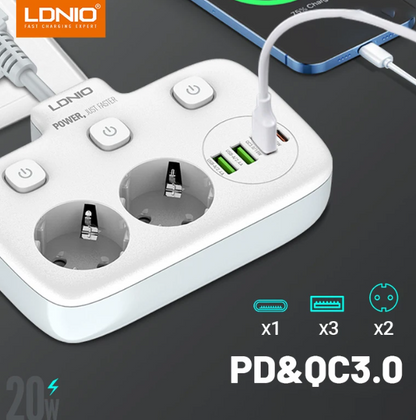 Πολύπριζο με 2 πρίζες AC, 3x USB, USB-C